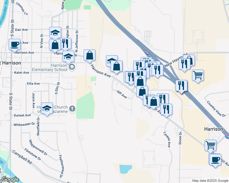 map of restaurants, bars, coffee shops, grocery stores, and more near 109 Elbern Avenue in Harrison