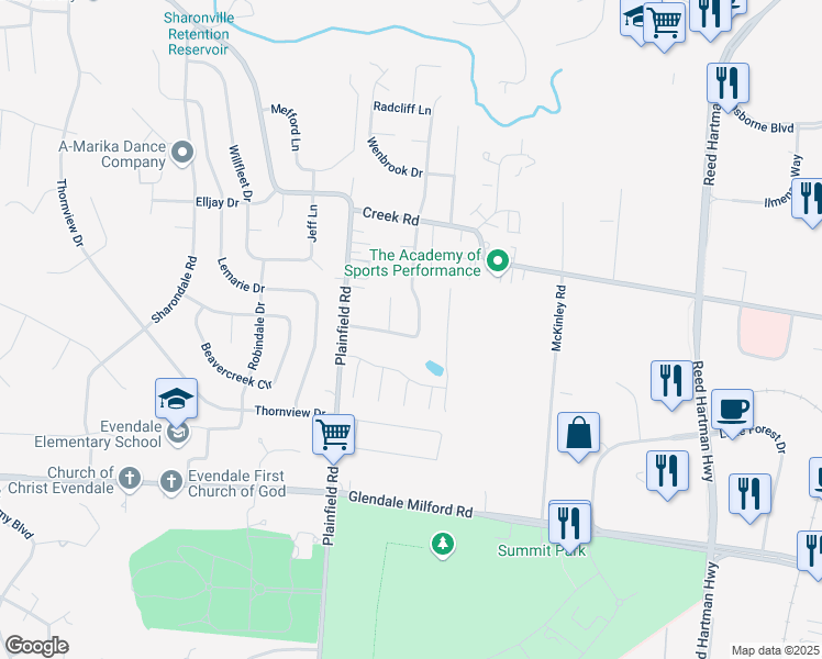 map of restaurants, bars, coffee shops, grocery stores, and more near 10651 Bridlepath Lane in Sharonville
