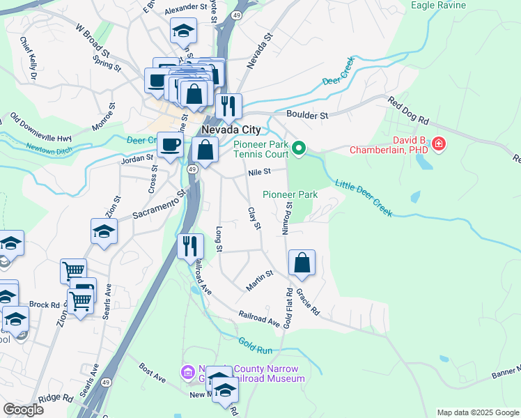 map of restaurants, bars, coffee shops, grocery stores, and more near 337 Clay Street in Nevada City