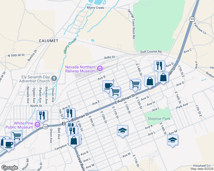 map of restaurants, bars, coffee shops, grocery stores, and more near 1100 Avenue C in Ely