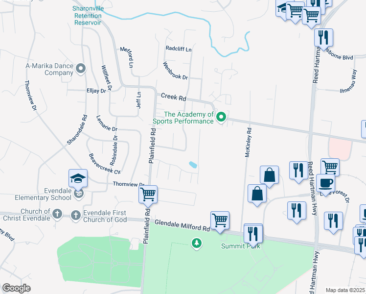 map of restaurants, bars, coffee shops, grocery stores, and more near 10651 Bridlepath Lane in Sharonville