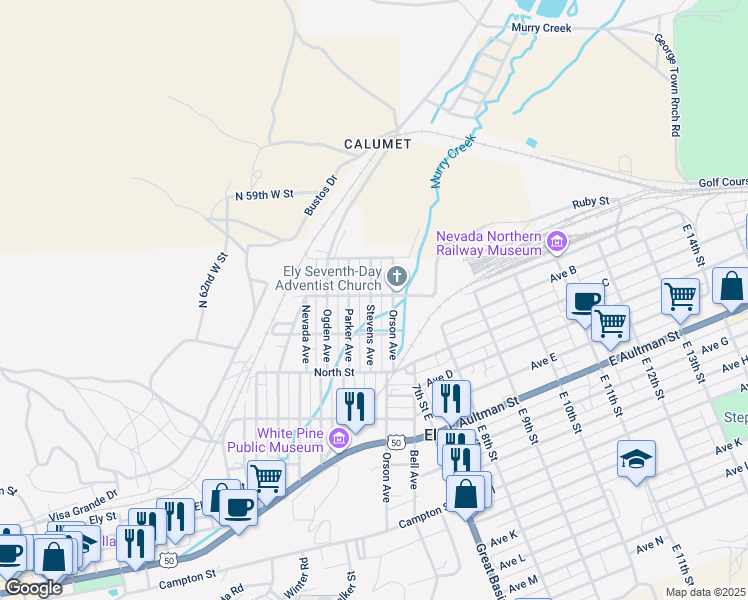 map of restaurants, bars, coffee shops, grocery stores, and more near 586 Stevens Avenue in Ely