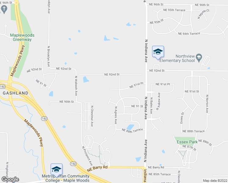 map of restaurants, bars, coffee shops, grocery stores, and more near 3001 Northeast 91st Place in Kansas City