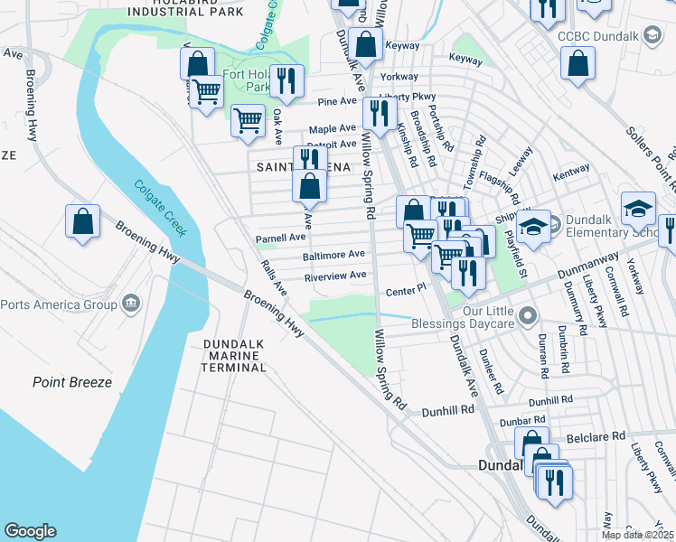 map of restaurants, bars, coffee shops, grocery stores, and more near 240 Riverview Avenue in Dundalk