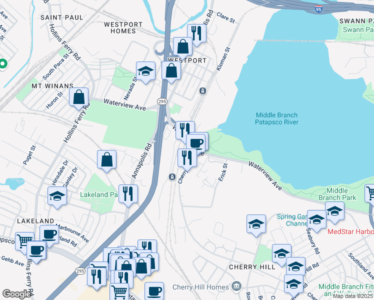 map of restaurants, bars, coffee shops, grocery stores, and more near 2900 Waterview Avenue in Baltimore