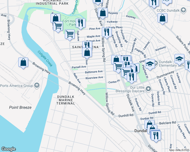 map of restaurants, bars, coffee shops, grocery stores, and more near 240 Riverview Avenue in Dundalk