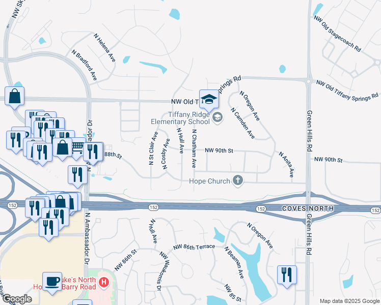 map of restaurants, bars, coffee shops, grocery stores, and more near 8908 North Chatham Avenue in Kansas City