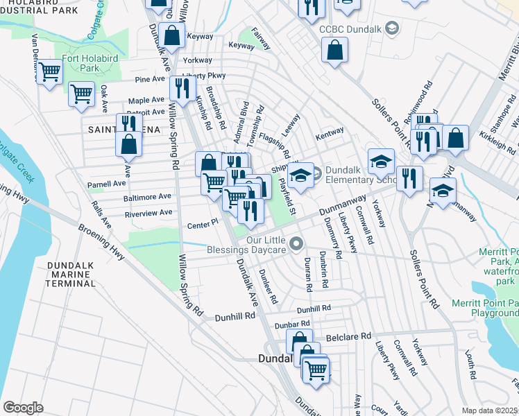 map of restaurants, bars, coffee shops, grocery stores, and more near 2700 Playfield Street in Dundalk