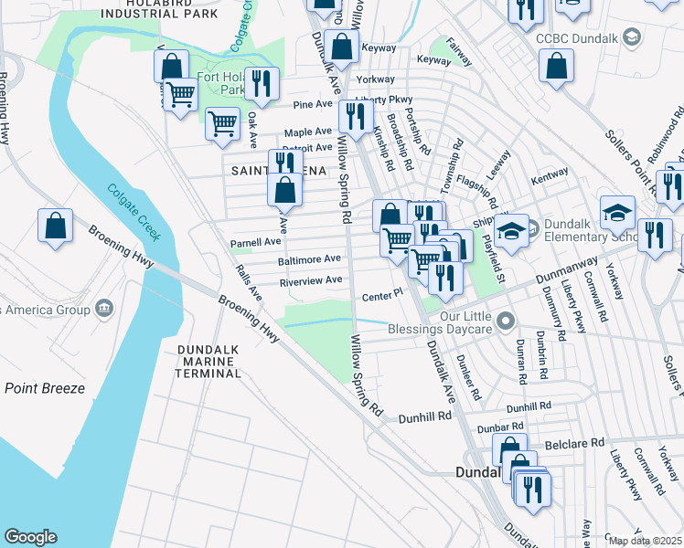 map of restaurants, bars, coffee shops, grocery stores, and more near 208 Riverview Avenue in Dundalk