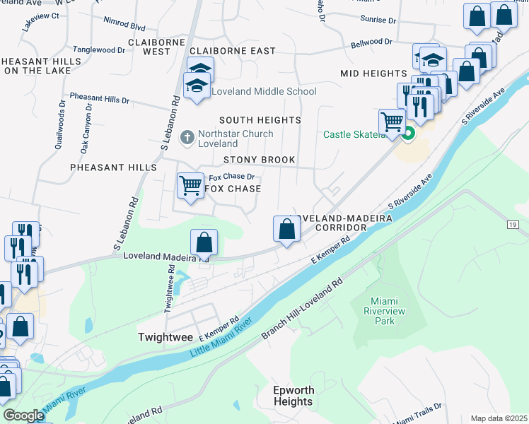 map of restaurants, bars, coffee shops, grocery stores, and more near 10134 Fox Chase Drive in Loveland