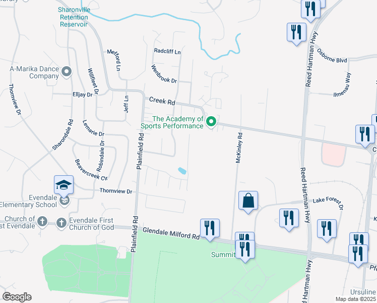map of restaurants, bars, coffee shops, grocery stores, and more near 10522 Adirondack Way in Blue Ash