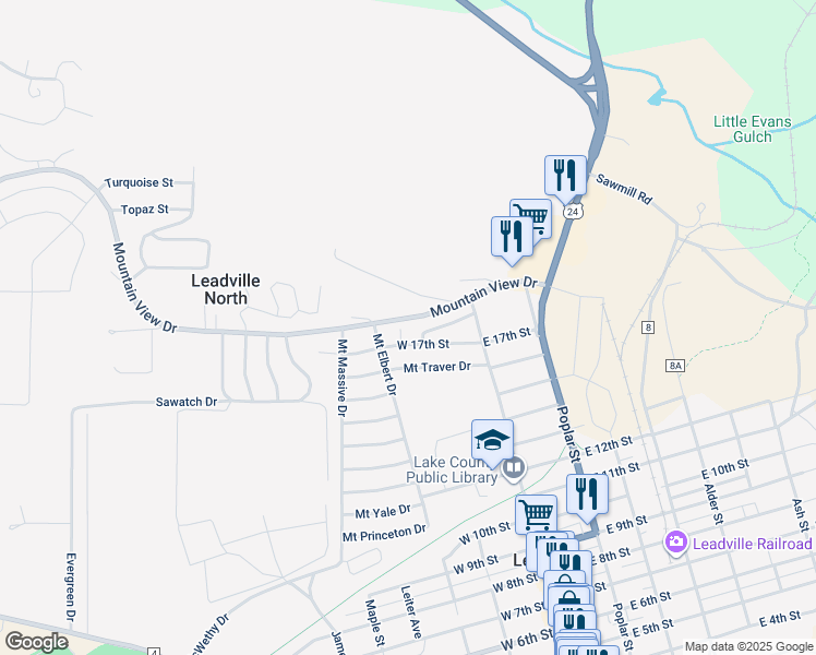 map of restaurants, bars, coffee shops, grocery stores, and more near 125 Mount Homestake Drive in Leadville