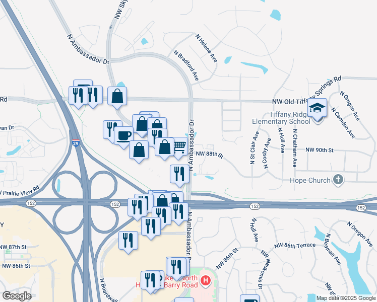 map of restaurants, bars, coffee shops, grocery stores, and more near 8952 North Ambassador Drive in Kansas City