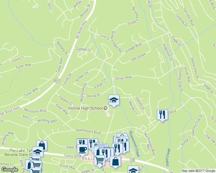 map of restaurants, bars, coffee shops, grocery stores, and more near 896 Donna Drive in Incline Village