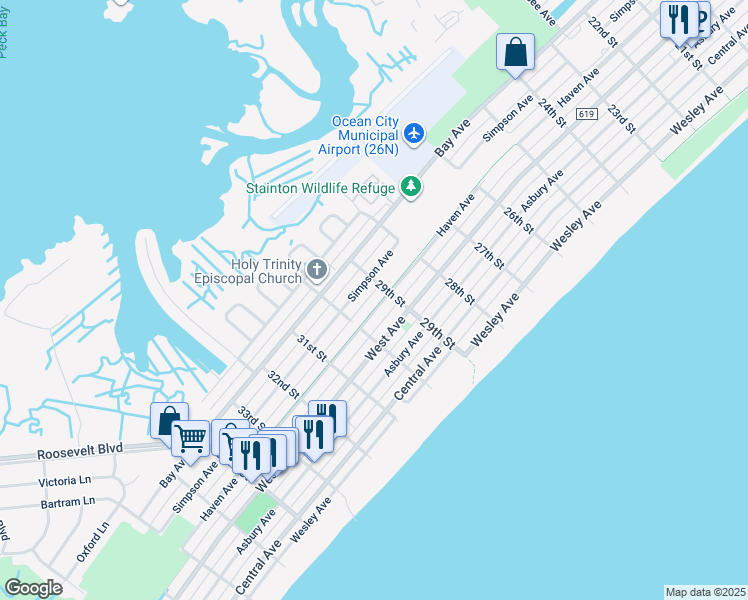 map of restaurants, bars, coffee shops, grocery stores, and more near 2912 Haven Avenue in Ocean City