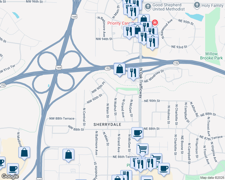 map of restaurants, bars, coffee shops, grocery stores, and more near 15 Northeast 90th Terrace in Kansas City