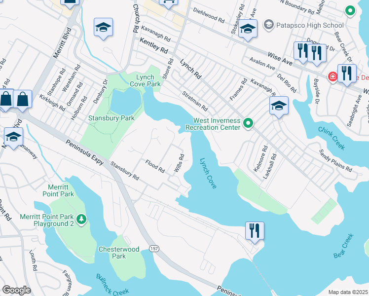 map of restaurants, bars, coffee shops, grocery stores, and more near 1905 Wills Ct in Dundalk