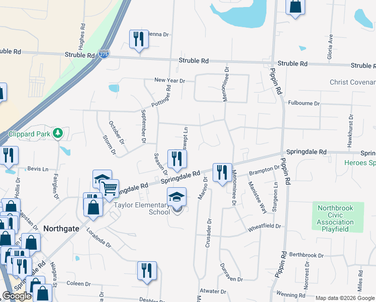 map of restaurants, bars, coffee shops, grocery stores, and more near 10200 Windswept Lane in Cincinnati