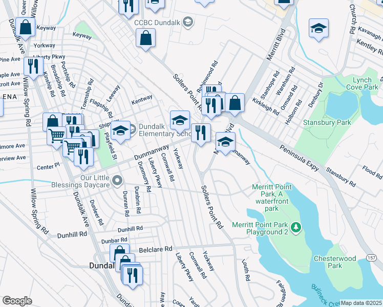 map of restaurants, bars, coffee shops, grocery stores, and more near 2930 Sollers Point Road in Dundalk