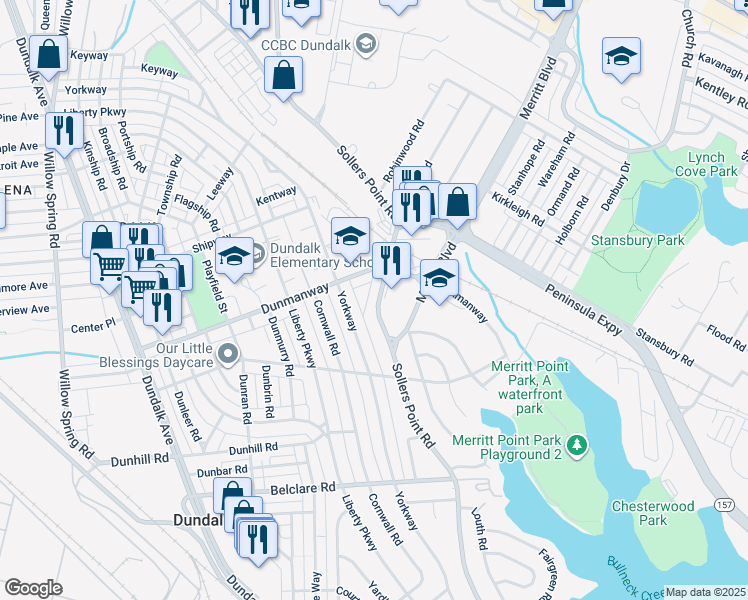 map of restaurants, bars, coffee shops, grocery stores, and more near 2930 Sollers Point Road in Dundalk