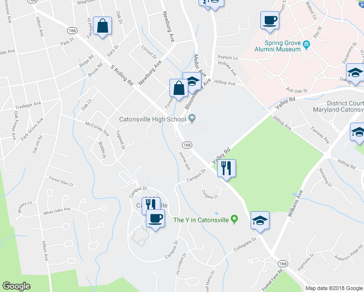 map of restaurants, bars, coffee shops, grocery stores, and more near 703 Hunter Way in Catonsville