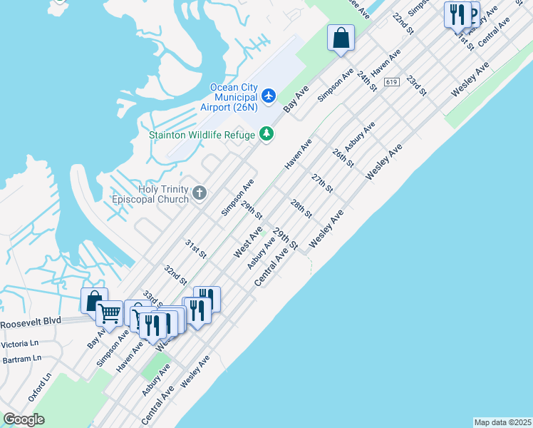 map of restaurants, bars, coffee shops, grocery stores, and more near 2852 West Avenue in Ocean City