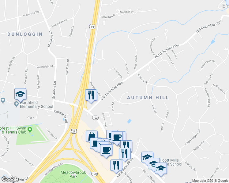 map of restaurants, bars, coffee shops, grocery stores, and more near 4093 Old Columbia Pike in Ellicott City