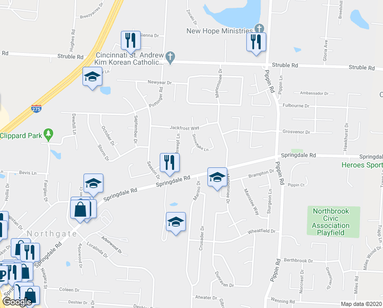 map of restaurants, bars, coffee shops, grocery stores, and more near 5155 Snowvalley Court in Cincinnati