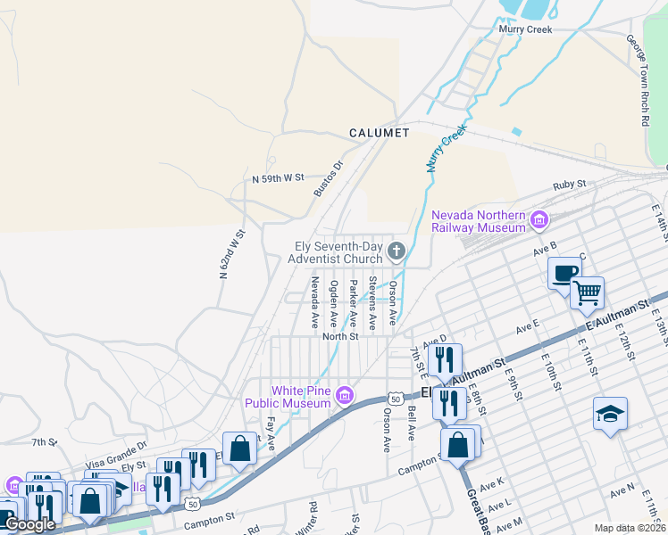 map of restaurants, bars, coffee shops, grocery stores, and more near 603 Ogden Avenue in Ely