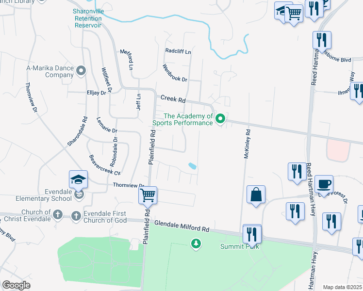 map of restaurants, bars, coffee shops, grocery stores, and more near 10651 Bridlepath Lane in Cincinnati