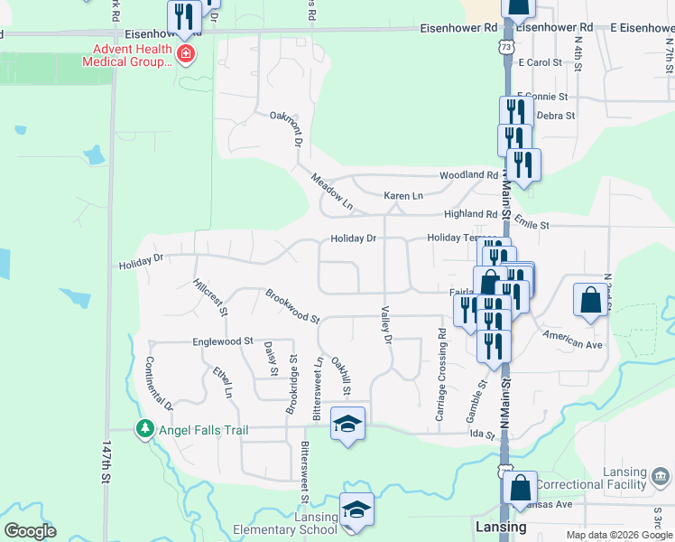 map of restaurants, bars, coffee shops, grocery stores, and more near 407 Caraway Pl in Lansing