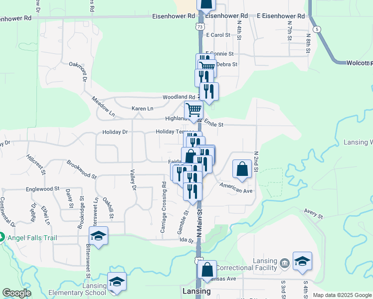 map of restaurants, bars, coffee shops, grocery stores, and more near 555 North Main Street in Lansing
