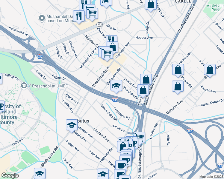 map of restaurants, bars, coffee shops, grocery stores, and more near 4901 Shelbourne Road in Baltimore