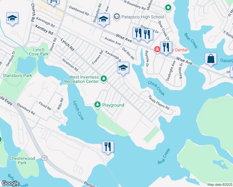 map of restaurants, bars, coffee shops, grocery stores, and more near 2005 Kelmore Road in Dundalk