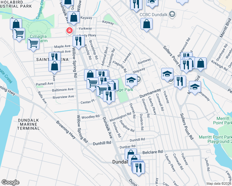 map of restaurants, bars, coffee shops, grocery stores, and more near 41 Trading Place in Dundalk