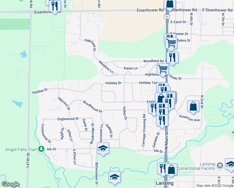 map of restaurants, bars, coffee shops, grocery stores, and more near 520 Caraway Place in Lansing
