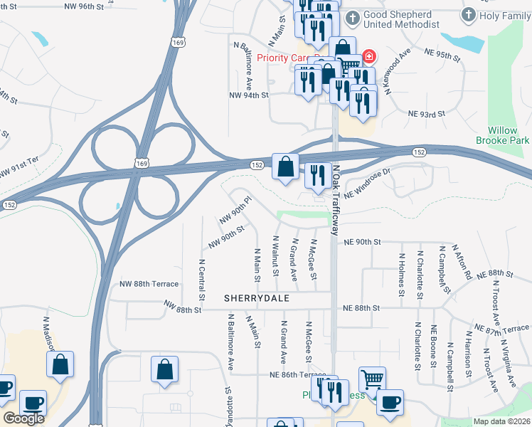map of restaurants, bars, coffee shops, grocery stores, and more near 15 Northeast 90th Terrace in Kansas City