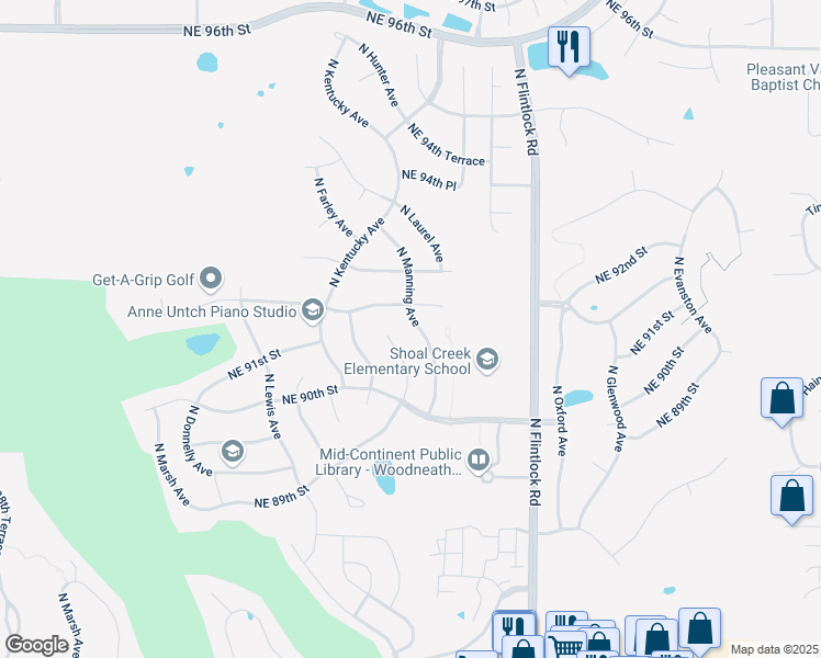 map of restaurants, bars, coffee shops, grocery stores, and more near 9100 N Manning Ave in Kansas City