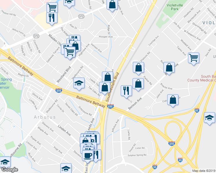 map of restaurants, bars, coffee shops, grocery stores, and more near 4709 Leeds Avenue in Halethorpe