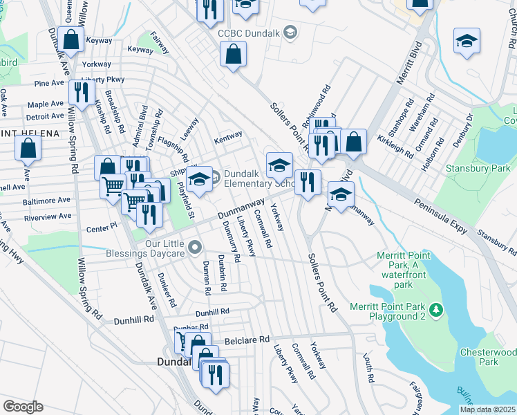 map of restaurants, bars, coffee shops, grocery stores, and more near 2905 Cornwall Road in Dundalk