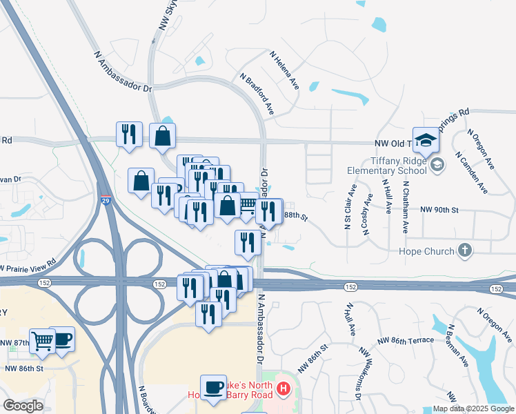 map of restaurants, bars, coffee shops, grocery stores, and more near 8952 North Ambassador Drive in Kansas City