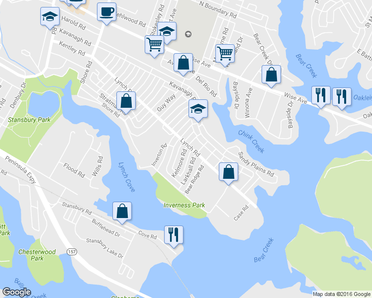 map of restaurants, bars, coffee shops, grocery stores, and more near 2011 Kelmore Road in Dundalk