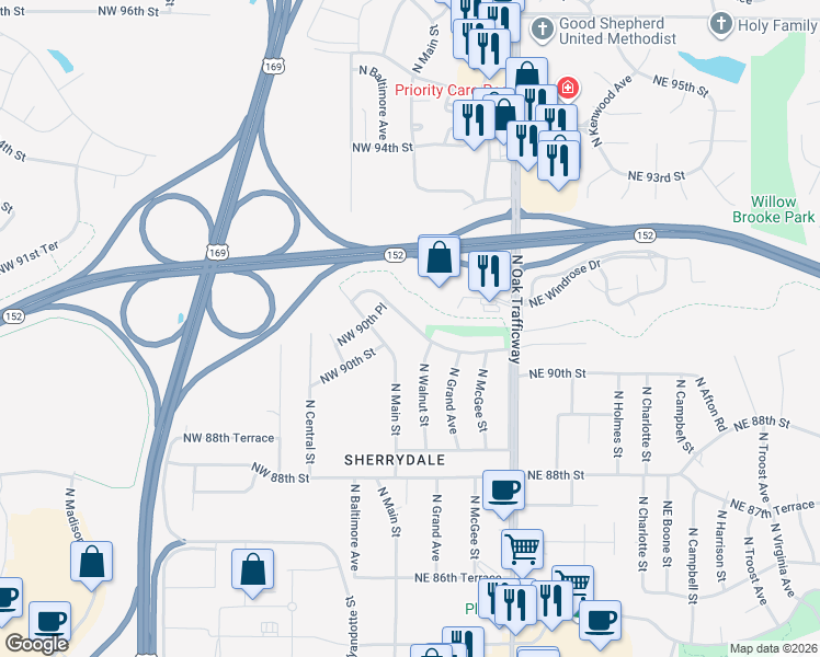 map of restaurants, bars, coffee shops, grocery stores, and more near 15 Northeast 90th Terrace in Kansas City