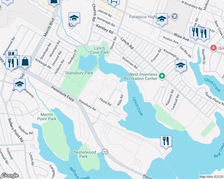 map of restaurants, bars, coffee shops, grocery stores, and more near 1910 Rettman Lane in Dundalk