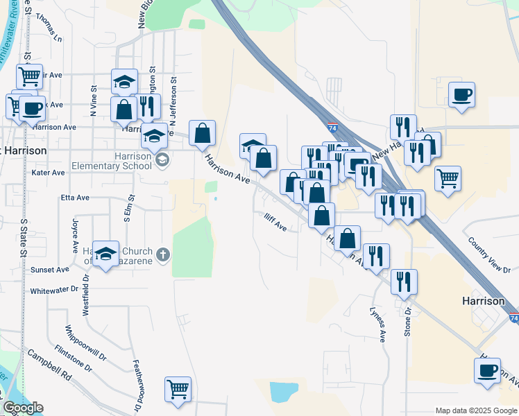 map of restaurants, bars, coffee shops, grocery stores, and more near 109 Elbern Avenue in Harrison