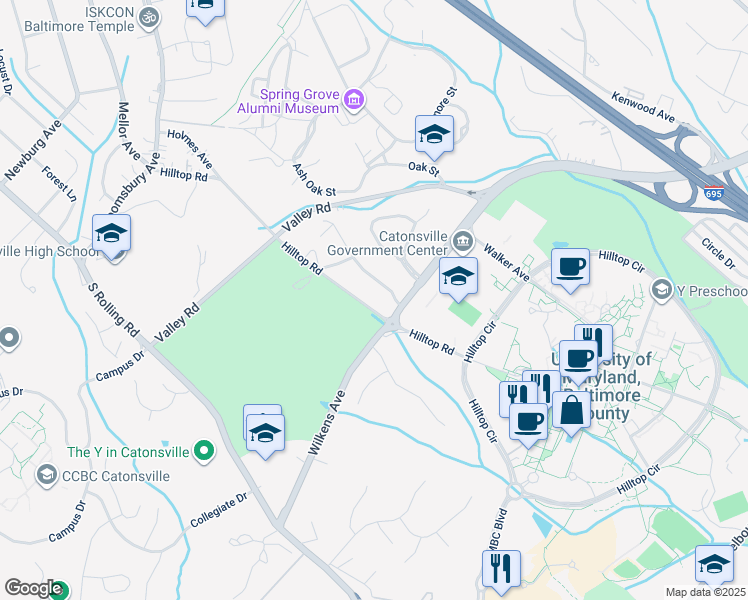 map of restaurants, bars, coffee shops, grocery stores, and more near 841 Hilltop Road in Catonsville