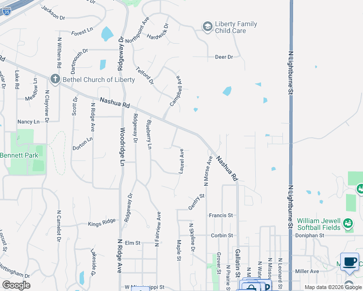 map of restaurants, bars, coffee shops, grocery stores, and more near 316 Laurel Avenue in Liberty