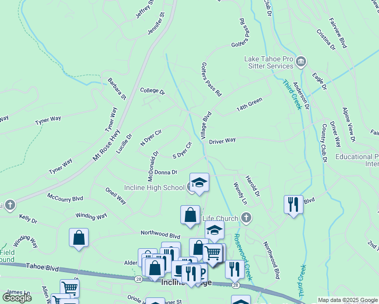 map of restaurants, bars, coffee shops, grocery stores, and more near 896 Donna Drive in Incline Village