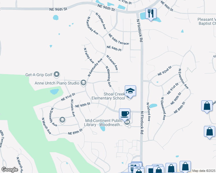 map of restaurants, bars, coffee shops, grocery stores, and more near 9100 North Manning Avenue in Kansas City
