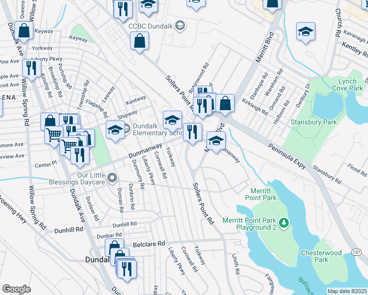 map of restaurants, bars, coffee shops, grocery stores, and more near 2922 Sollers Point Road in Dundalk